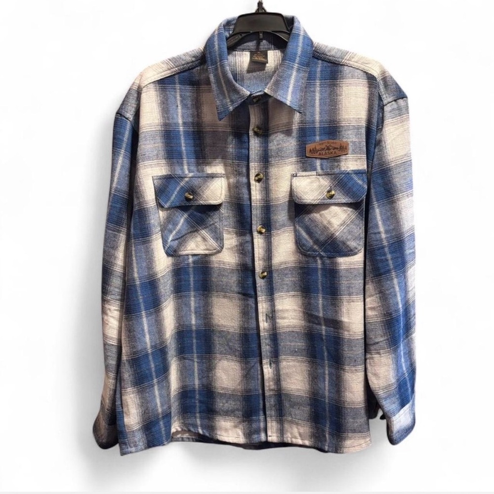 New - Alaska 49th State Blue & Cream Plaid Heavy Flannel Button-Up Shirt X-Large